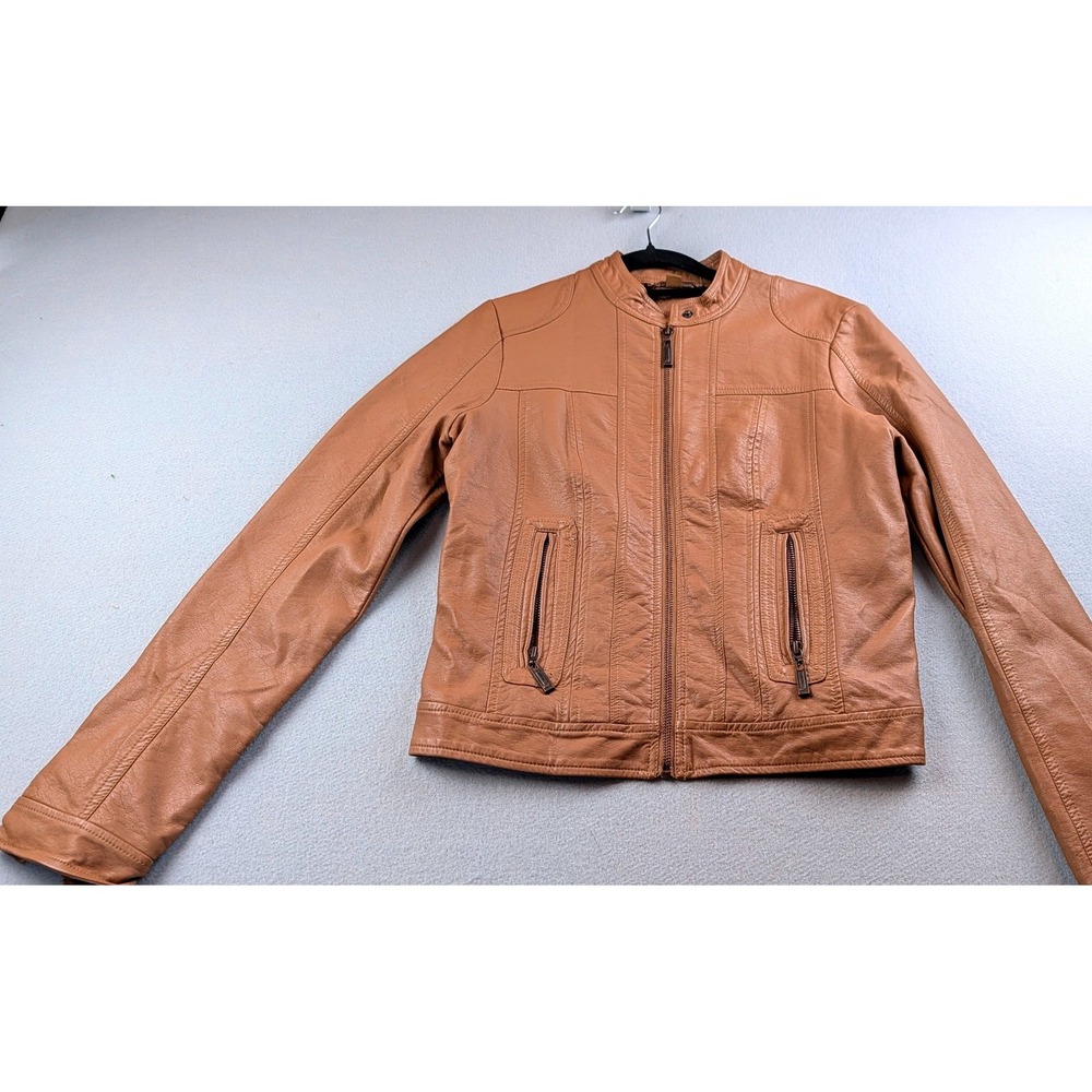 JouJou Womens Faux Leather Moto Jacket Tan Camel Zip Up Band Collar Size Small
